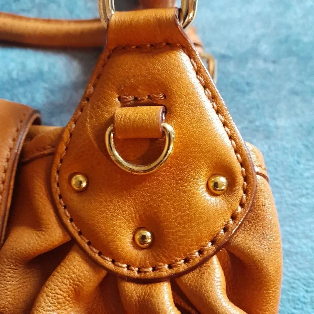 Antonio Melani Tan Leather Satchel Handbag with Gold Hardware Width 12in.